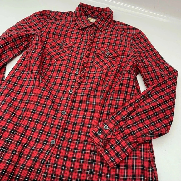 Heritage Shirtings By Bass Shirt Woman Small Red Black Plaid Button Ruffles - Picture 7 of 8